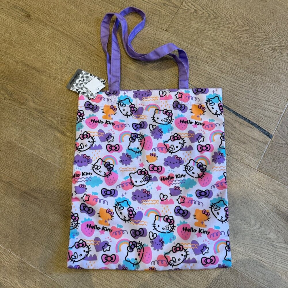 Hello Kitty Tote Bag With Colorful Print & Purple Handles